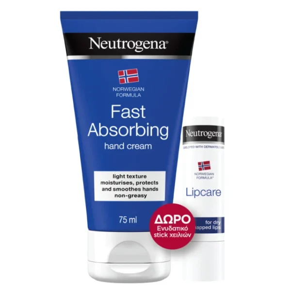 NEUTROGENA Hand Cream Πακέτο Κρέμα Χεριών Fast Absorbing, 75ml & Δώρο Ενυδατικό Stick Lip Moisturizer, 4.8gr