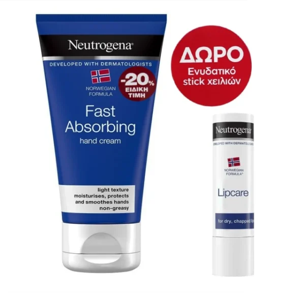 NEUTROGENA Hand Cream Πακέτο Κρέμα Χεριών Fast Absorbing, 75ml & Δώρο Ενυδατικό Stick Lip Moisturizer, 4.8gr - Image 2