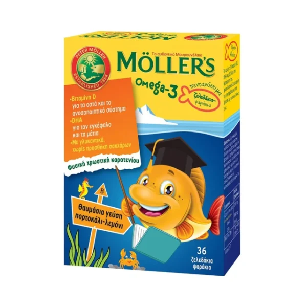 Moller's Omega-3 Kids Gummies Orange & Lemo, Mollers Ζελεδάκια με Ω3 Λιπαρά Οξέα για Παιδιά με Γεύση Πορτοκάλι - Λεμόνι, 36 gummies